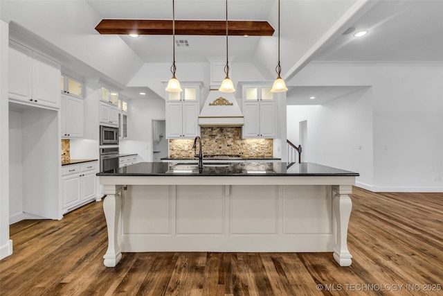 12050 S 68th E Ave E, Bixby, OK 74008 - kitchen featuring appliances with stainless steel finishes, dark countertops, decorative backsplash, white cabinets, and recessed lighting