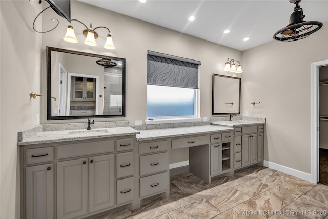 12050 S 68th E Ave E, Bixby, OK 74008 - full bath featuring double vanity, marble finish flooring, and recessed lighting