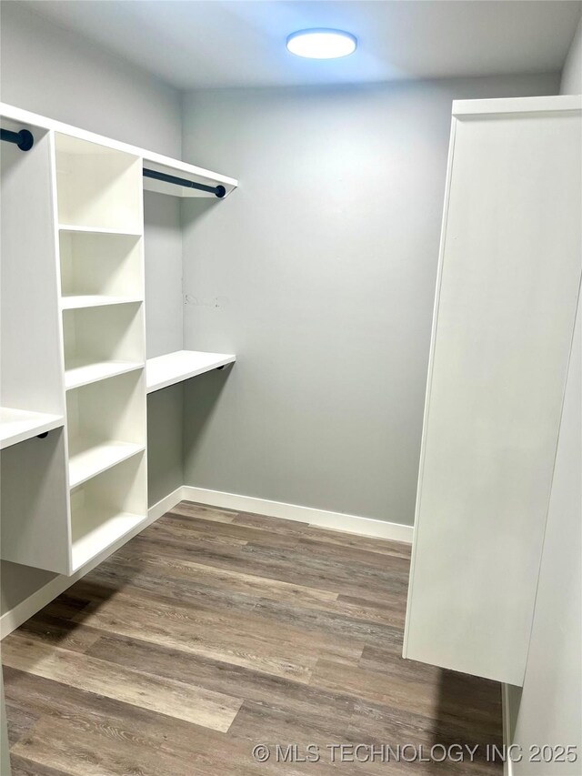 walk in closet with dark hardwood / wood-style floors