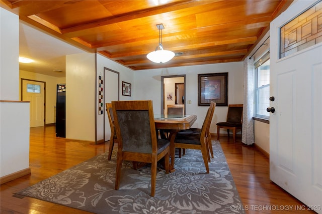 dining area with hardwood / wood-style floors and wooden ceiling