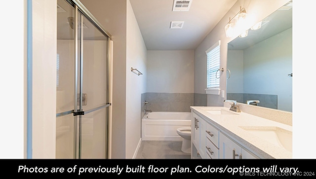 full bathroom with separate shower and tub, toilet, and vanity