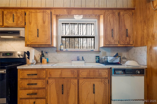 kitchen featuring tasteful backsplash, extractor fan, sink, dishwasher, and stainless steel range with electric cooktop