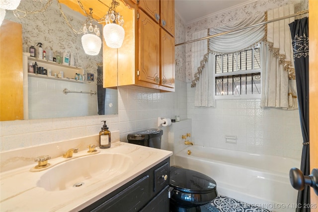 full bathroom with decorative backsplash, vanity, crown molding, shower / bathtub combination with curtain, and toilet