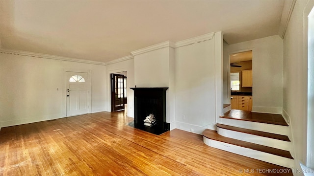 foyer with hardwood / wood-style floors and crown molding