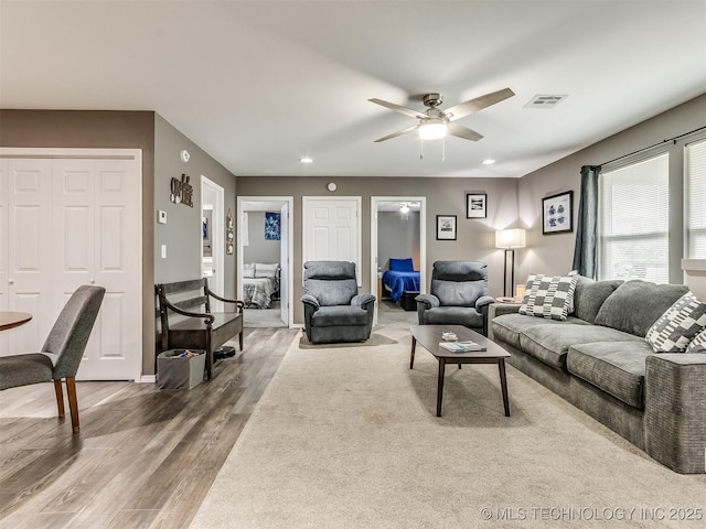 living room featuring ceiling fan and wood-type flooring