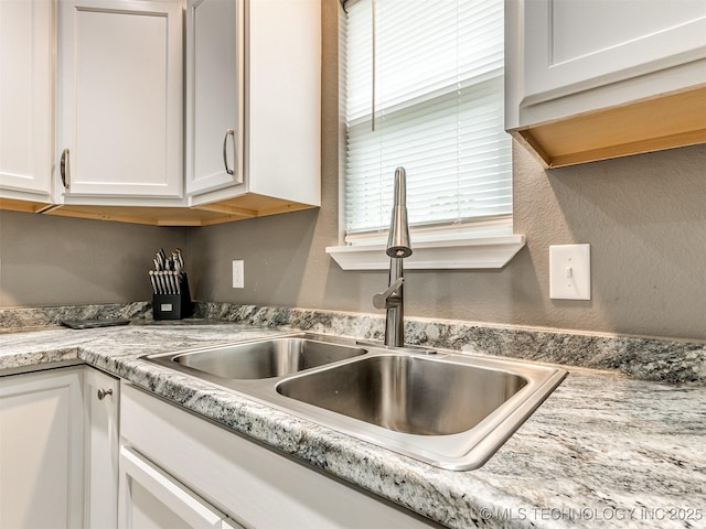 interior details with white cabinetry and sink