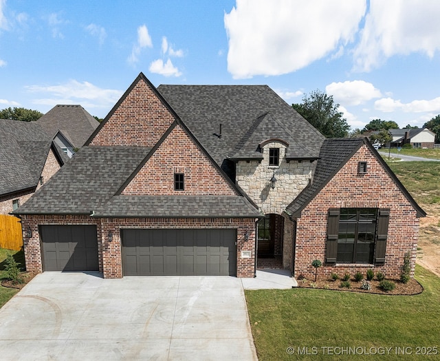 french country inspired facade with a shingled roof, a front lawn, concrete driveway, and brick siding