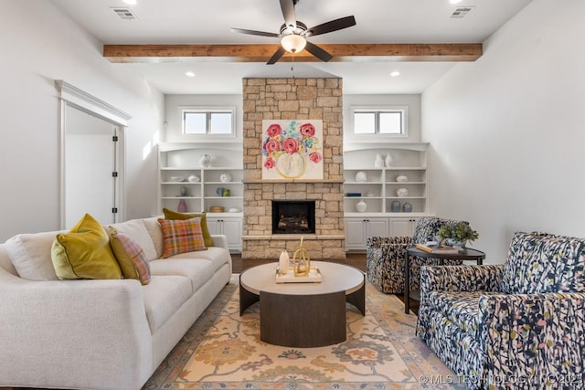 3913 S Dogwood Blvd, Broken Arrow, OK 74012 - living area with plenty of natural light, built in shelves, and beam ceiling