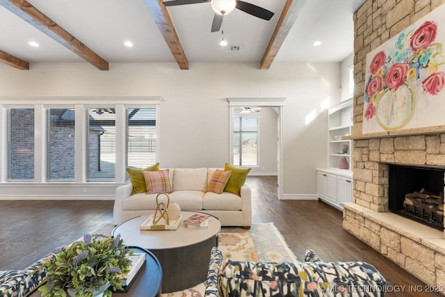 3913 S Dogwood Blvd, Broken Arrow, OK 74012 - living room with beam ceiling, dark wood-style flooring, a fireplace, ceiling fan, and baseboards