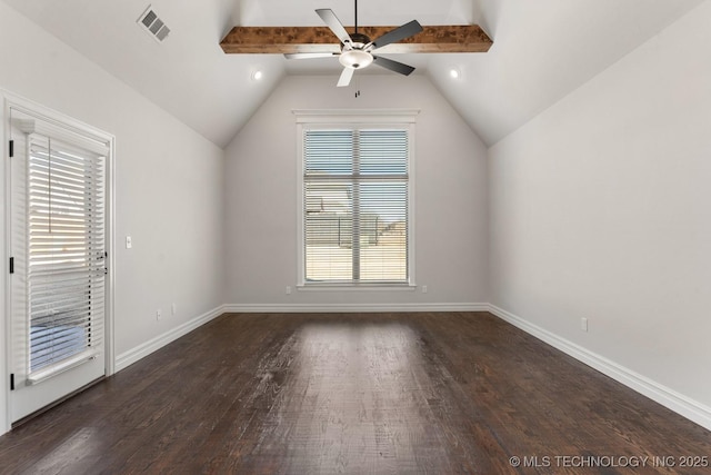 3913 S Dogwood Blvd, Broken Arrow, OK 74012 - additional living space with lofted ceiling, ceiling fan, dark wood-style floors, and visible vents