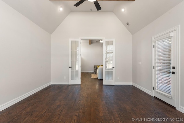 3913 S Dogwood Blvd, Broken Arrow, OK 74012 - unfurnished bedroom with dark wood-style floors, baseboards, visible vents, and french doors