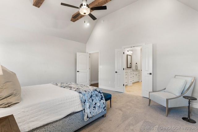 3913 S Dogwood Blvd, Broken Arrow, OK 74012 - bedroom with ceiling fan, high vaulted ceiling, connected bathroom, light colored carpet, and baseboards