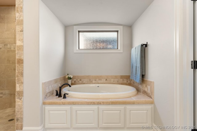 3913 S Dogwood Blvd, Broken Arrow, OK 74012 - full bathroom with lofted ceiling, tiled shower, and a bath