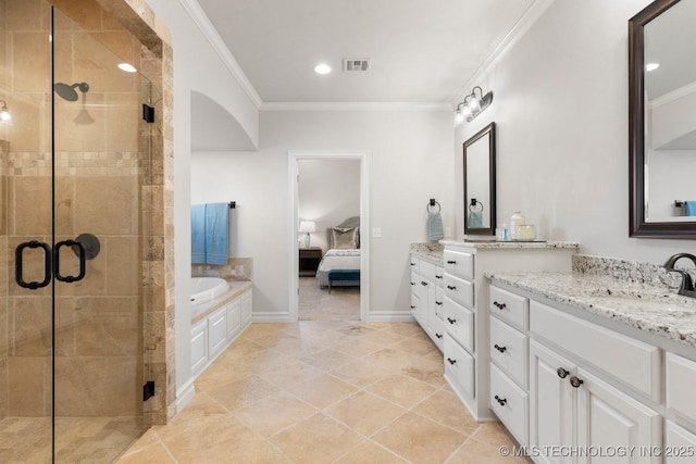 3913 S Dogwood Blvd, Broken Arrow, OK 74012 - bathroom with connected bathroom, a stall shower, visible vents, and crown molding