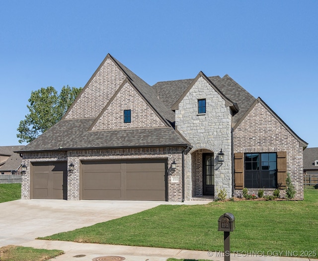 french provincial home featuring a front yard and a garage