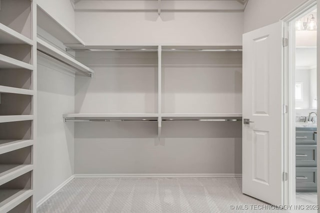 spacious closet featuring sink and light carpet