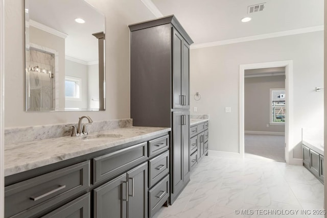 bathroom featuring crown molding and vanity