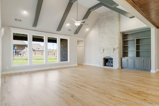 unfurnished living room featuring high vaulted ceiling, light hardwood / wood-style flooring, built in shelves, ceiling fan, and a fireplace