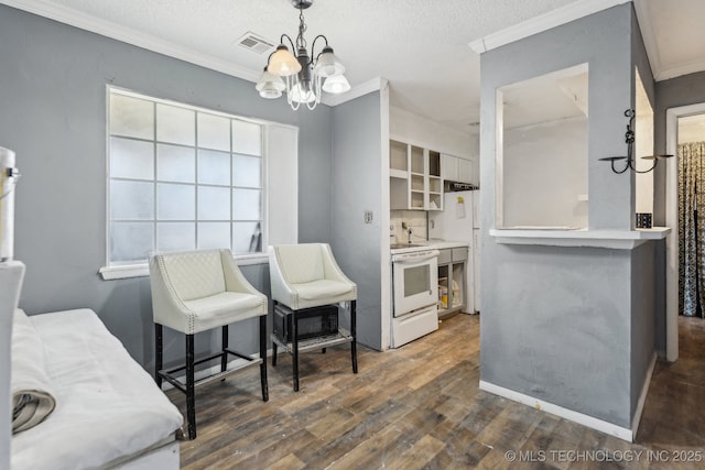 kitchen featuring dark hardwood / wood-style floors, hanging light fixtures, crown molding, a textured ceiling, and electric stove