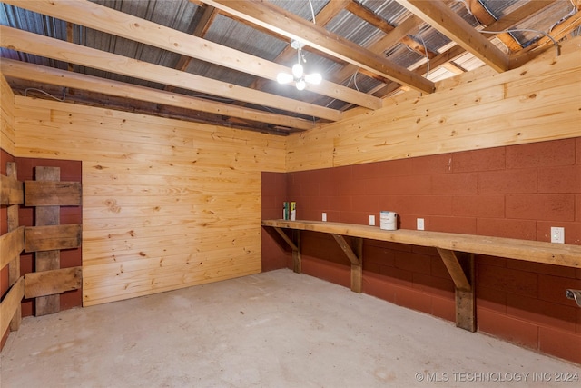 interior space featuring wooden walls