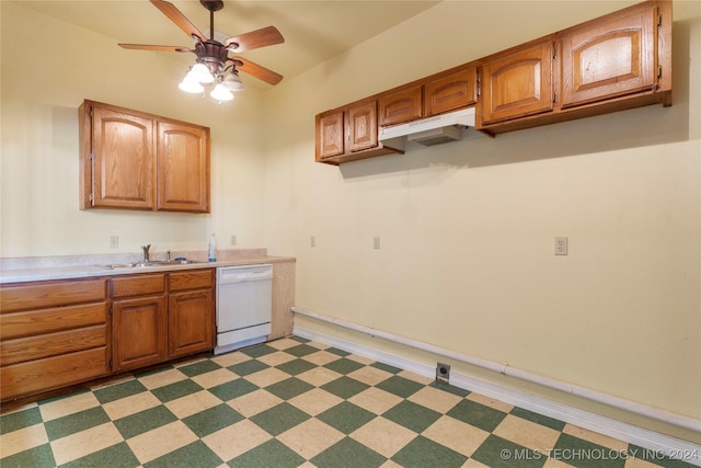 kitchen with white dishwasher, ceiling fan, and sink