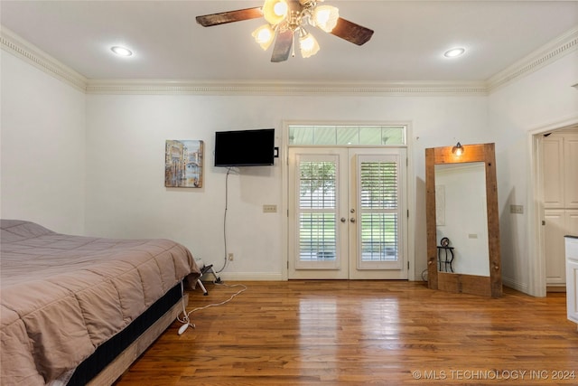 bedroom featuring french doors, hardwood / wood-style flooring, ceiling fan, access to exterior, and ornamental molding