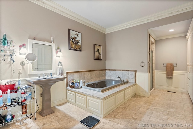 bathroom with separate shower and tub and crown molding