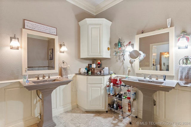 bathroom with tile patterned flooring and ornamental molding