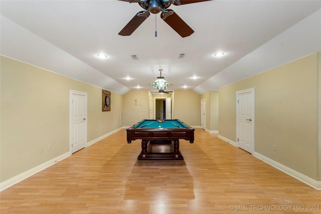 game room featuring ceiling fan, light hardwood / wood-style floors, vaulted ceiling, and pool table