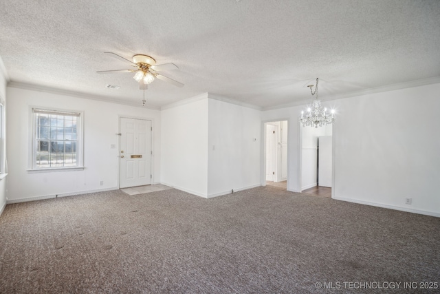 empty room with carpet flooring, crown molding, a textured ceiling, and ceiling fan with notable chandelier