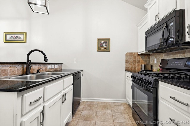 kitchen with black appliances, white cabinets, sink, decorative backsplash, and light tile patterned floors