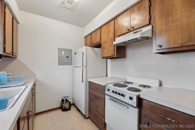 kitchen with sink, white appliances, a textured ceiling, and electric panel