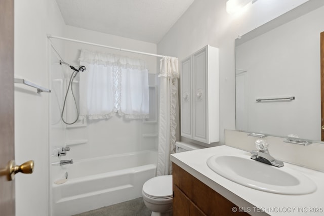 full bathroom featuring shower / bath combination with curtain, toilet, a textured ceiling, and vanity