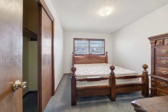 bedroom featuring carpet flooring, a closet, and a textured ceiling