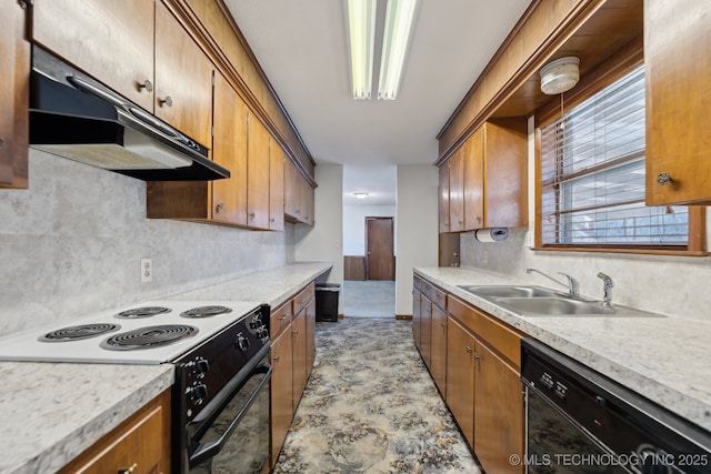 kitchen with black appliances, sink, and tasteful backsplash