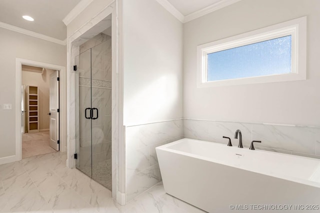 bathroom with crown molding and plus walk in shower