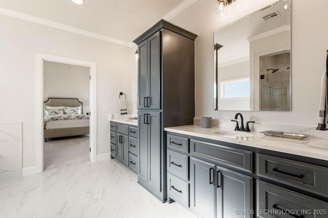 bathroom with crown molding and vanity