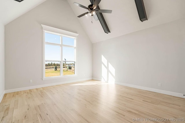 unfurnished living room featuring beamed ceiling, light hardwood / wood-style floors, high vaulted ceiling, and ceiling fan