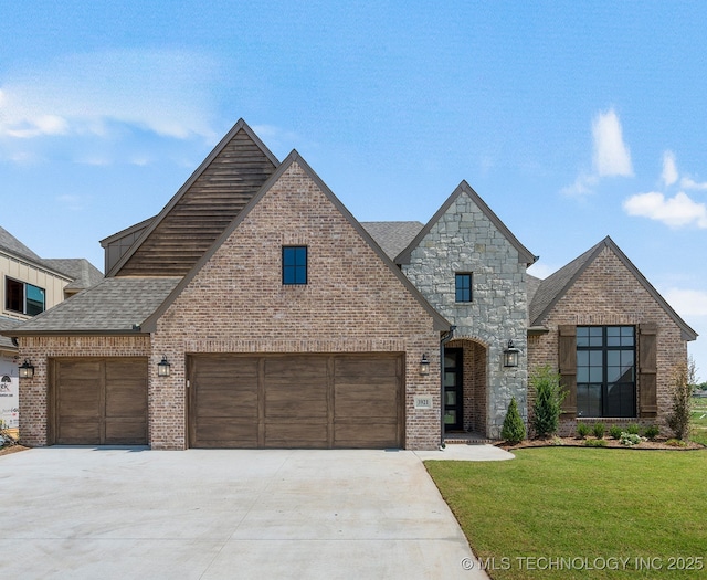 view of front of house with a front lawn and a garage