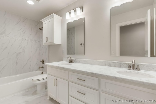 full bathroom with double vanity, a sink, shower / bathing tub combination, and marble finish floor