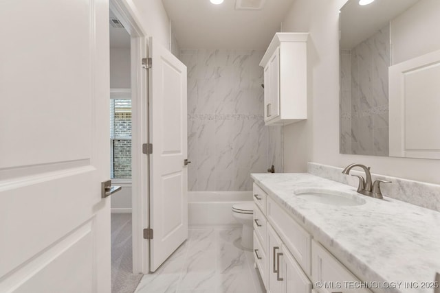 full bath with vanity, visible vents, marble finish floor, toilet, and recessed lighting