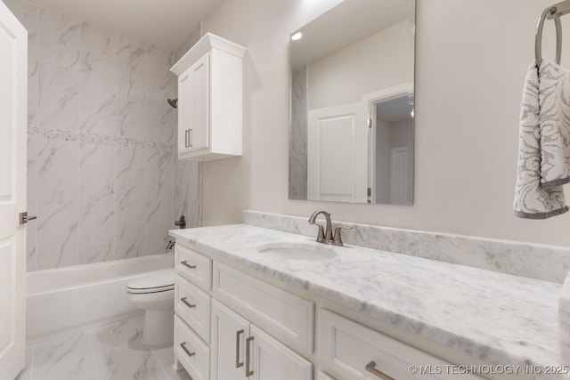 full bath with vanity, marble finish floor, shower / tub combination, and toilet