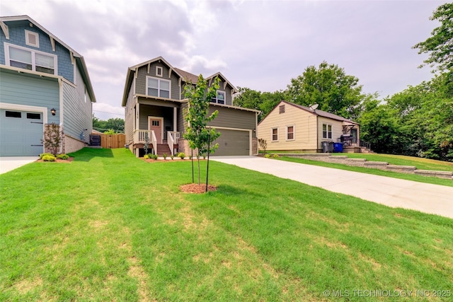 craftsman inspired home with a front lawn and a garage