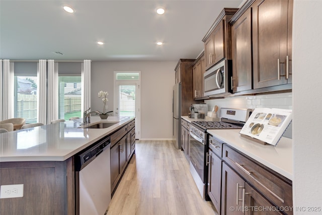 kitchen featuring sink, light hardwood / wood-style flooring, decorative backsplash, an island with sink, and appliances with stainless steel finishes