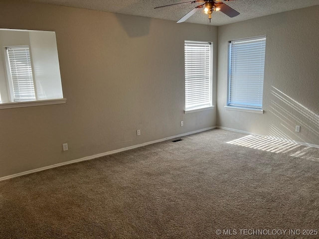 empty room featuring carpet flooring, ceiling fan, and a textured ceiling