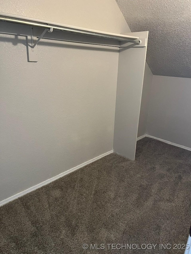 spacious closet with dark colored carpet and lofted ceiling