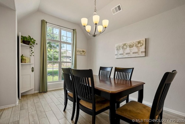 dining area featuring light hardwood / wood-style floors, a notable chandelier, a healthy amount of sunlight, and lofted ceiling