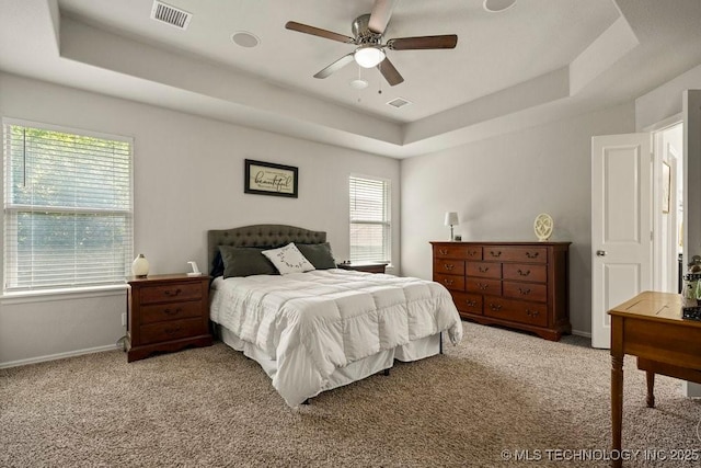 bedroom featuring multiple windows, a raised ceiling, and ceiling fan