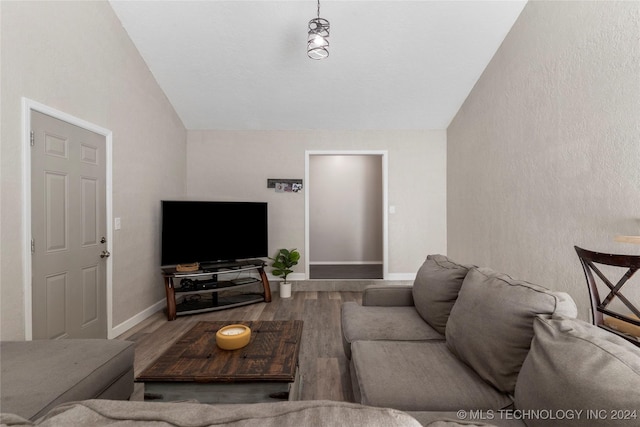 living room with hardwood / wood-style floors and lofted ceiling