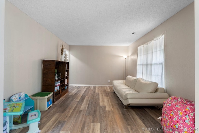 living room featuring hardwood / wood-style flooring and a textured ceiling